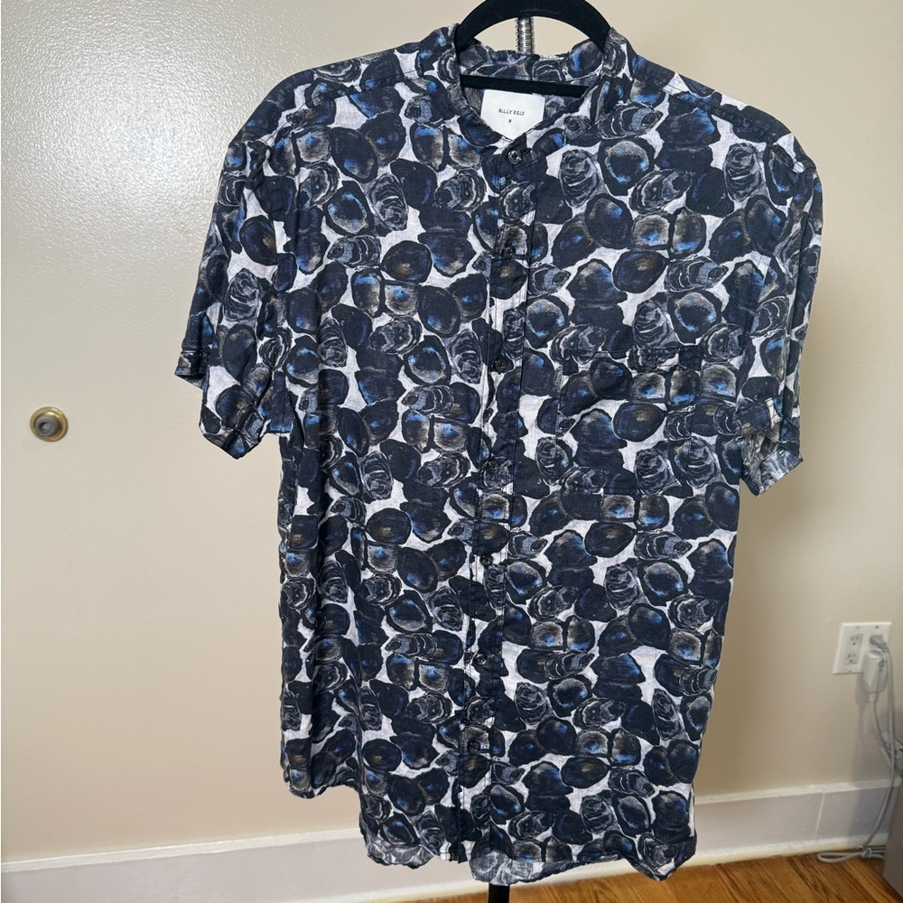 Billy Reid Oyster Pattern Band Collar Linen Shirt